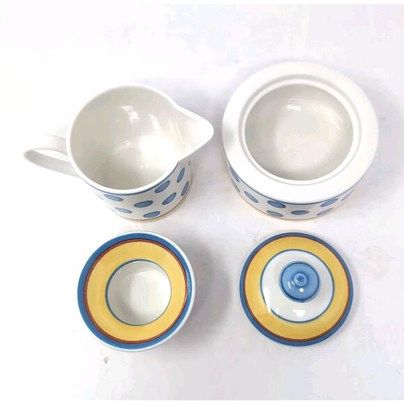 VTG Villeroy & Boch Twist Anna Cream Sugar Set With Lids White Blue Polka Dots - Picture 5 of 12
